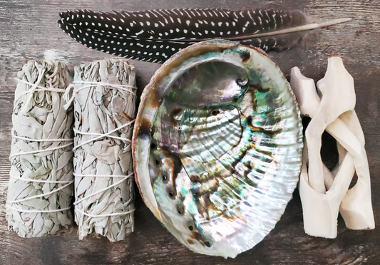 5 Pack White Sage Bundle WIth Large Abalone Shell & Wood Stand Smudging Kit
