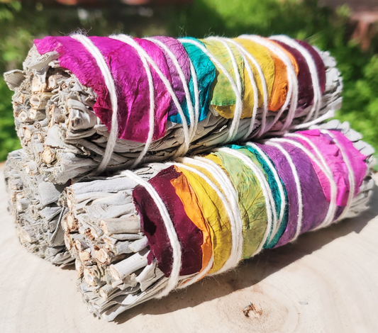 7 Chakra Smudge Bundles White Sage Wrapped With Rose Petals 4'' Long