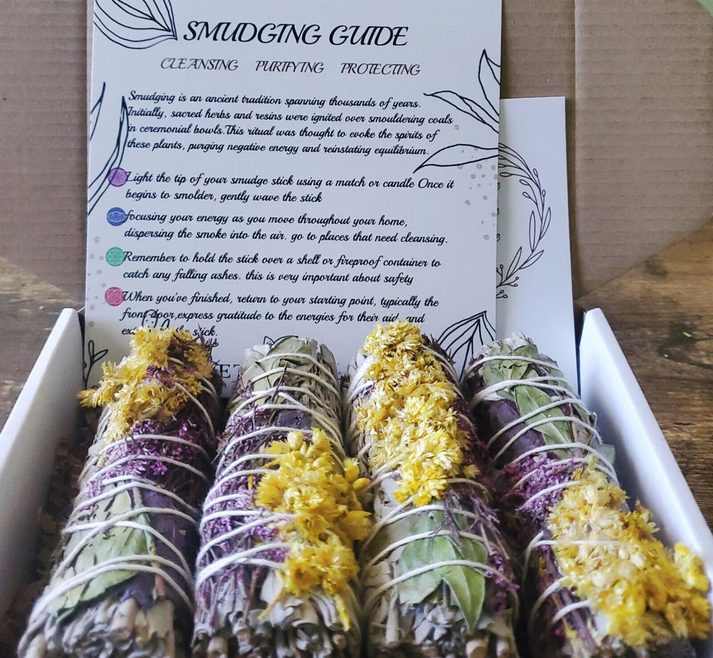 4 Pack White Sage Bundles With Flowers Smudge Kit In Gift Package 4'' Long